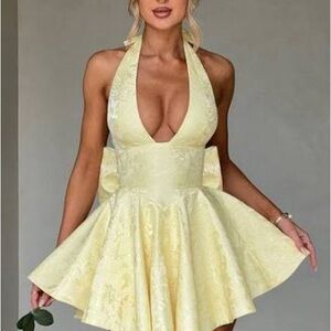 BABYBOO Yellow Halter Deep V Mini Dress